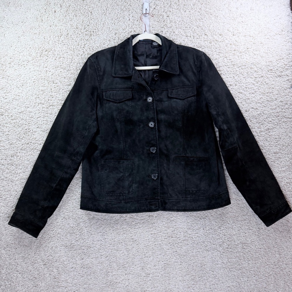 Womens XL Relativity Black Leather Jacket Suede Feel Trucker Button Front Coat